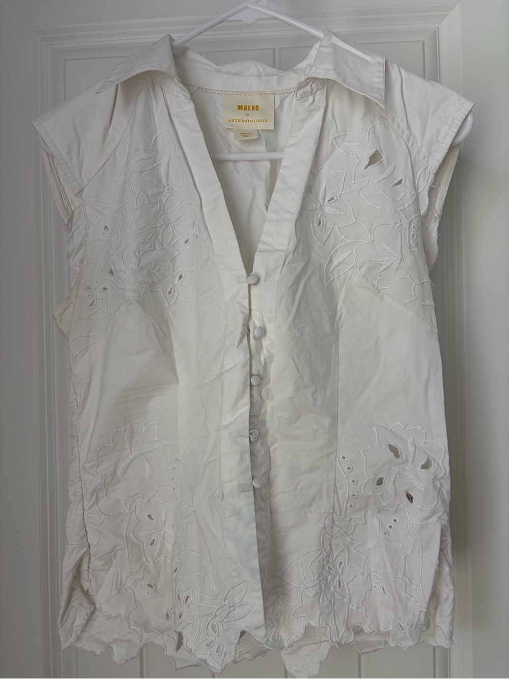 Maeve Cream Eyelet Button-Front Cap Sleeve Blouse Anthropologie